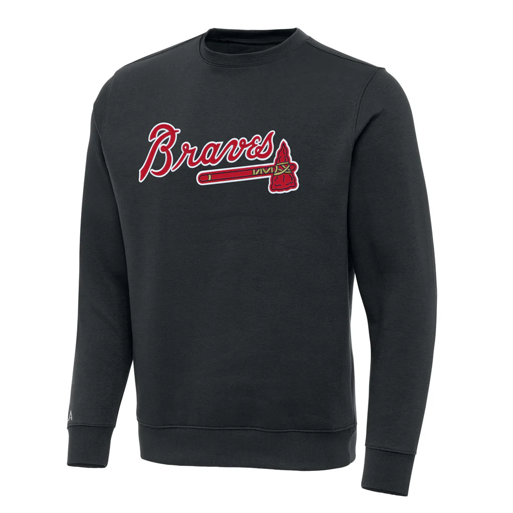 MLB Atlanta Braves Antigua Full Front Victory Crewneck Sweater - Charcoal