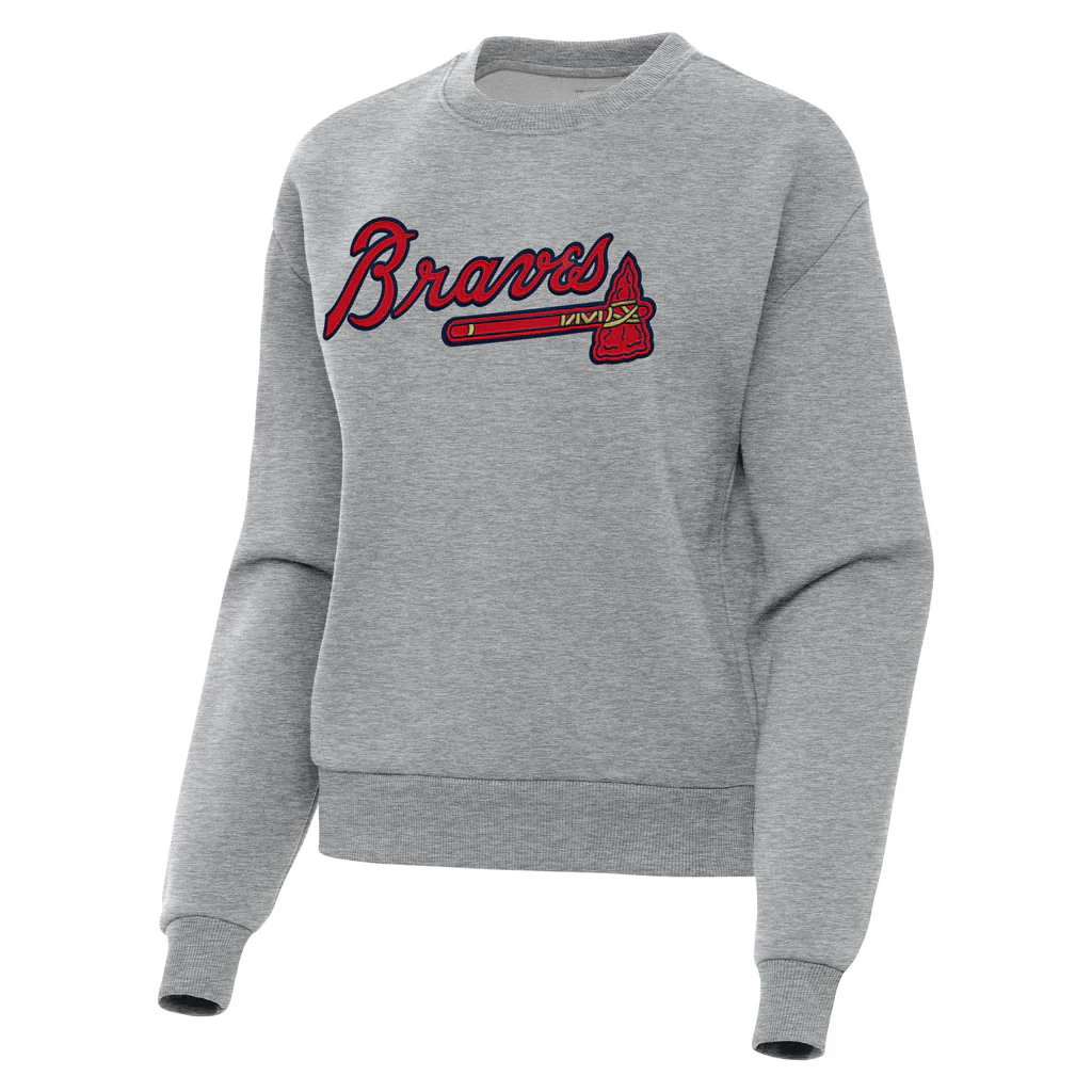 MLB Atlanta Braves Women's Antigua Full Front Victory Crewneck Sweater - Heather gray