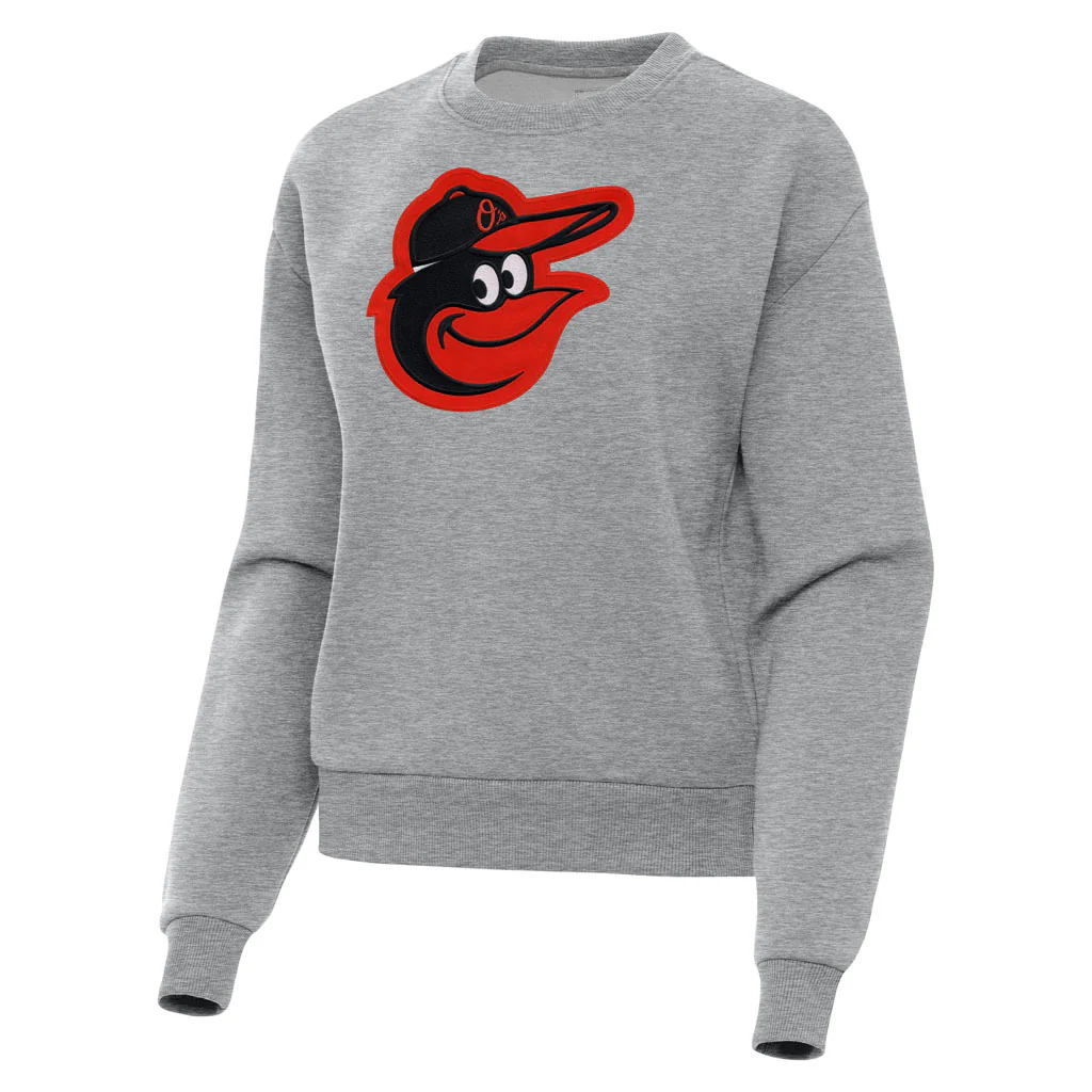MLB Baltimore Orioles Women's Antigua Full Front Victory Crewneck Sweater - Heather gray