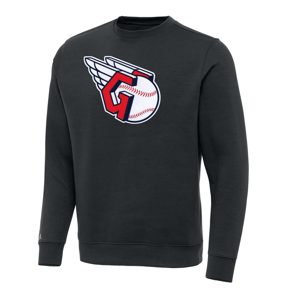 MLB Cleveland Guardians Antigua Full Front Victory Crewneck Sweater - Charcoal