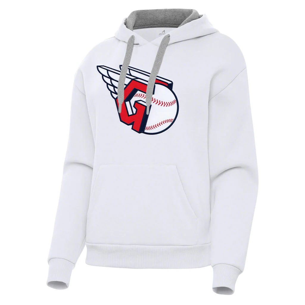 MLB Cleveland Guardians Women's Antigua Full Front Victory Pullover Hoodie - White