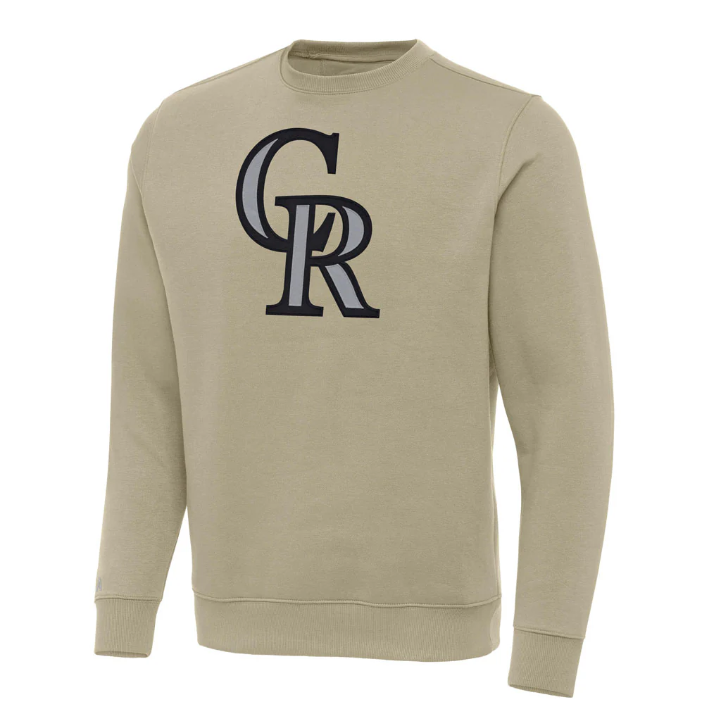 MLB Colorado Rockies Antigua Full Front Victory Crewneck Sweater - Khaki