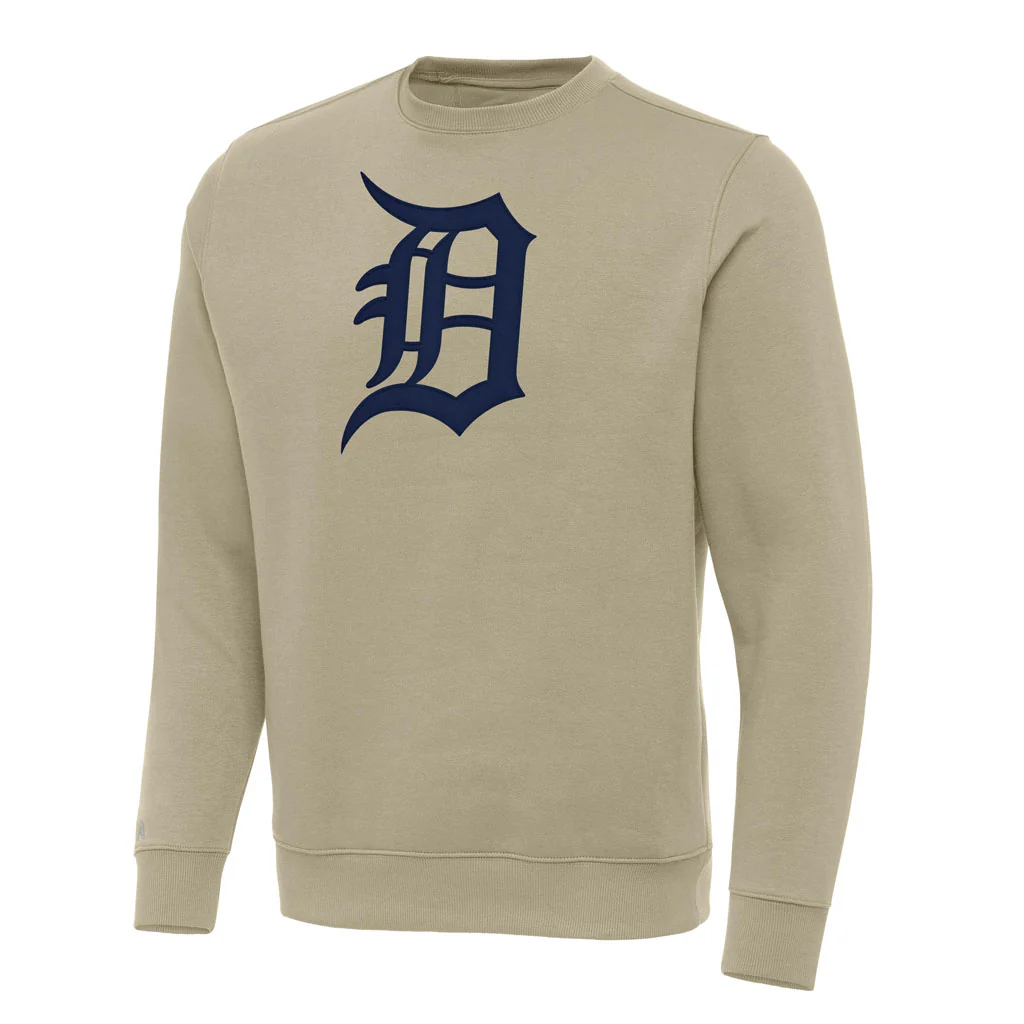 MLB Detroit Tigers Antigua Full Front Victory Crewneck Sweater - Khaki