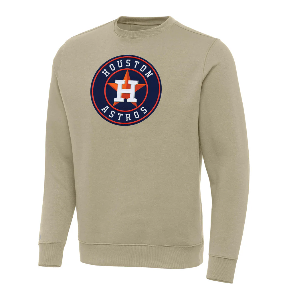 MLB Houston Astros Antigua Full Front Victory Crewneck Sweater - Khaki