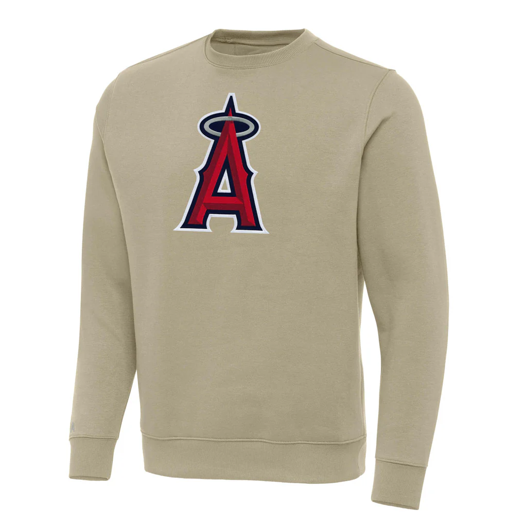 MLB Los Angeles Angels Antigua Full Front Victory Crewneck Sweater - Khaki