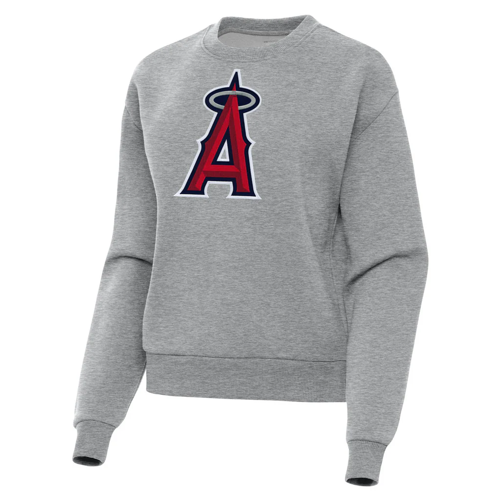 MLB Los Angeles Angels Women's Antigua Full Front Victory Crewneck Sweater - Heather gray