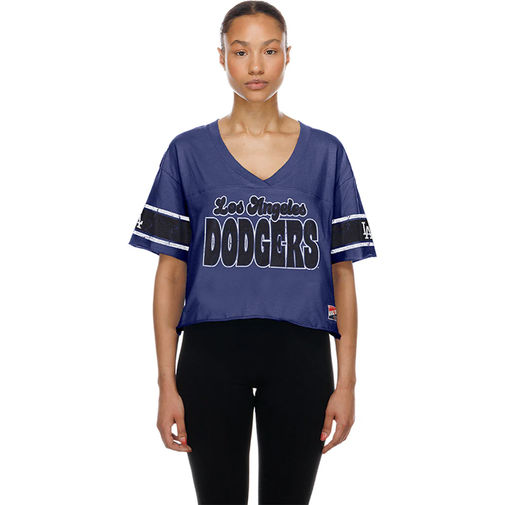 MLB Los Angeles Dodgers Women's New Era Throwback Crop Top T-Shirt - Blue - Image 3