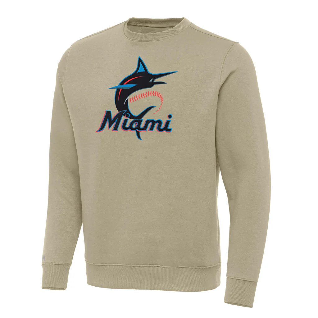 MLB Miami Marlins Antigua Full Front Victory Crewneck Sweater - Khaki