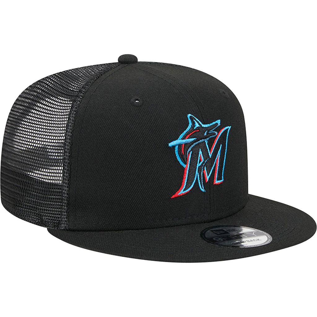 MLB Miami Marlins New Era OTC Trucker 9FIFTY Snapback Hat - Black - Image 2