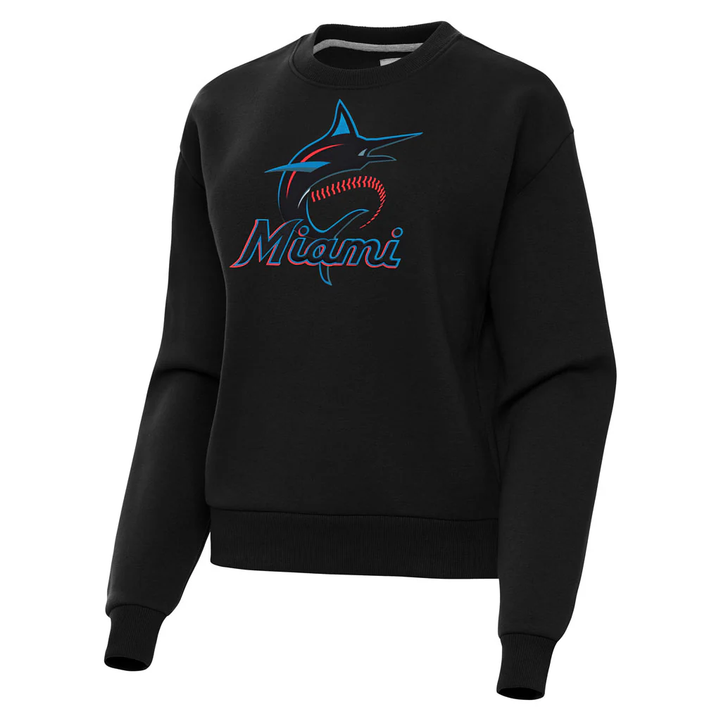 MLB Miami Marlins Women's Antigua Full Front Victory Crewneck Sweater - Black