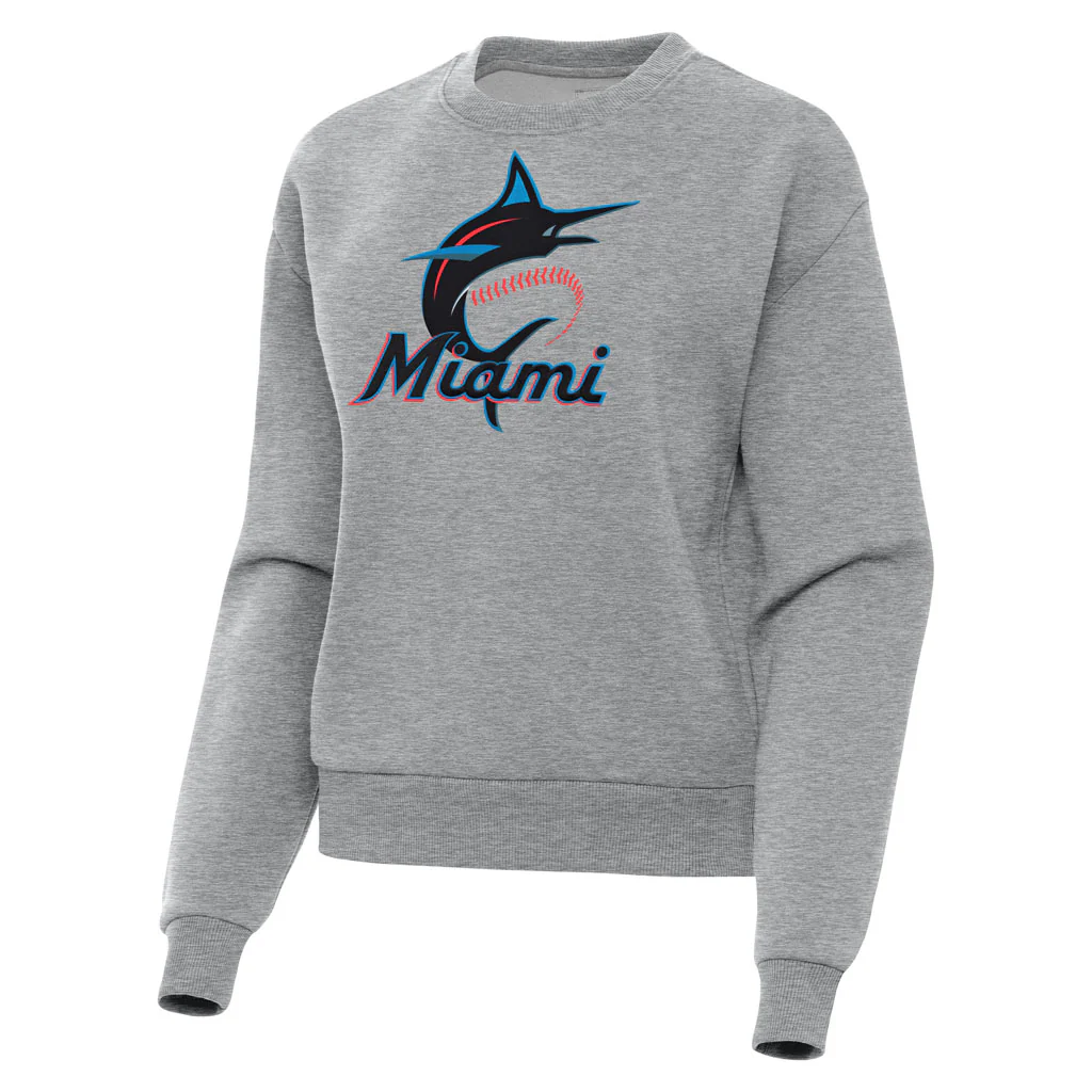 MLB Miami Marlins Women's Antigua Full Front Victory Crewneck Sweater - Heather gray