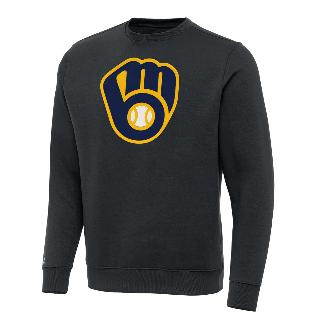 MLB Milwaukee Brewers Antigua Cap Full Front Victory Crewneck Sweater - Charcoal