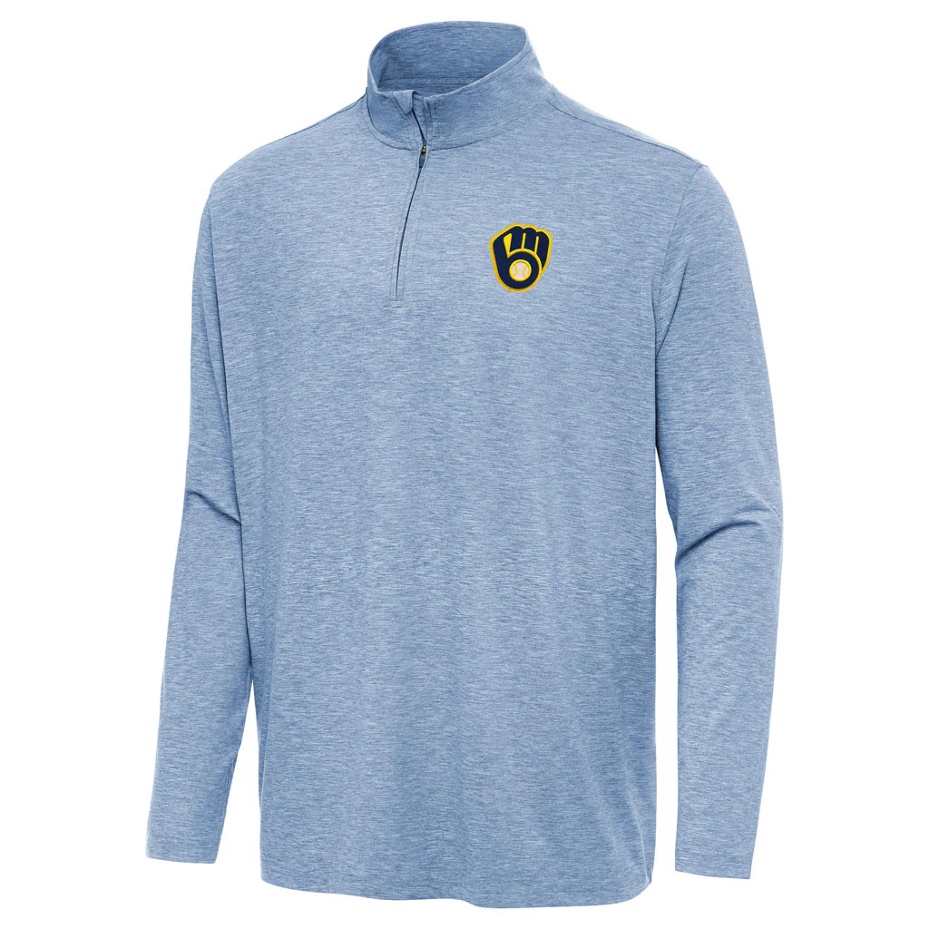 MLB Milwaukee Brewers Antigua Hunk 1/4 Zip Pullover Jacket - Light blue