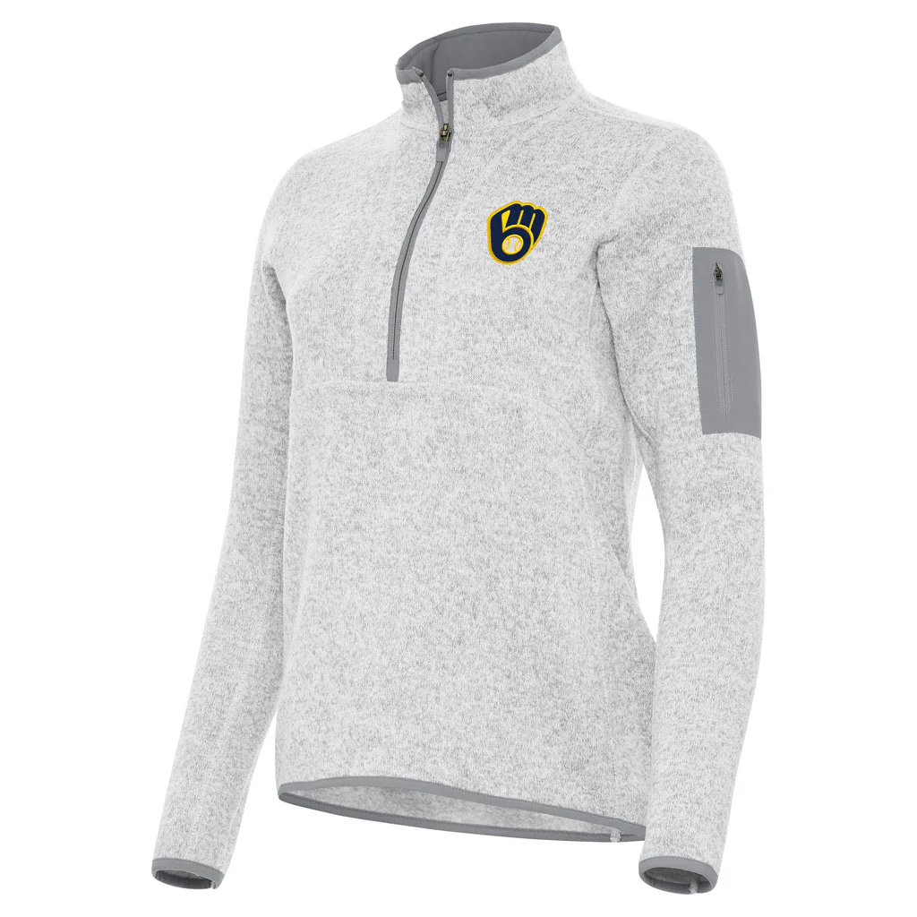 MLB Milwaukee Brewers Women's Antigua Fortune 1/2 Zip Pullover Jacket - Light gray