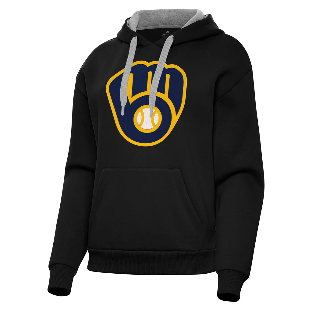 MLB Milwaukee Brewers Women's Antigua Full Front Victory Pullover Hoodie - Black