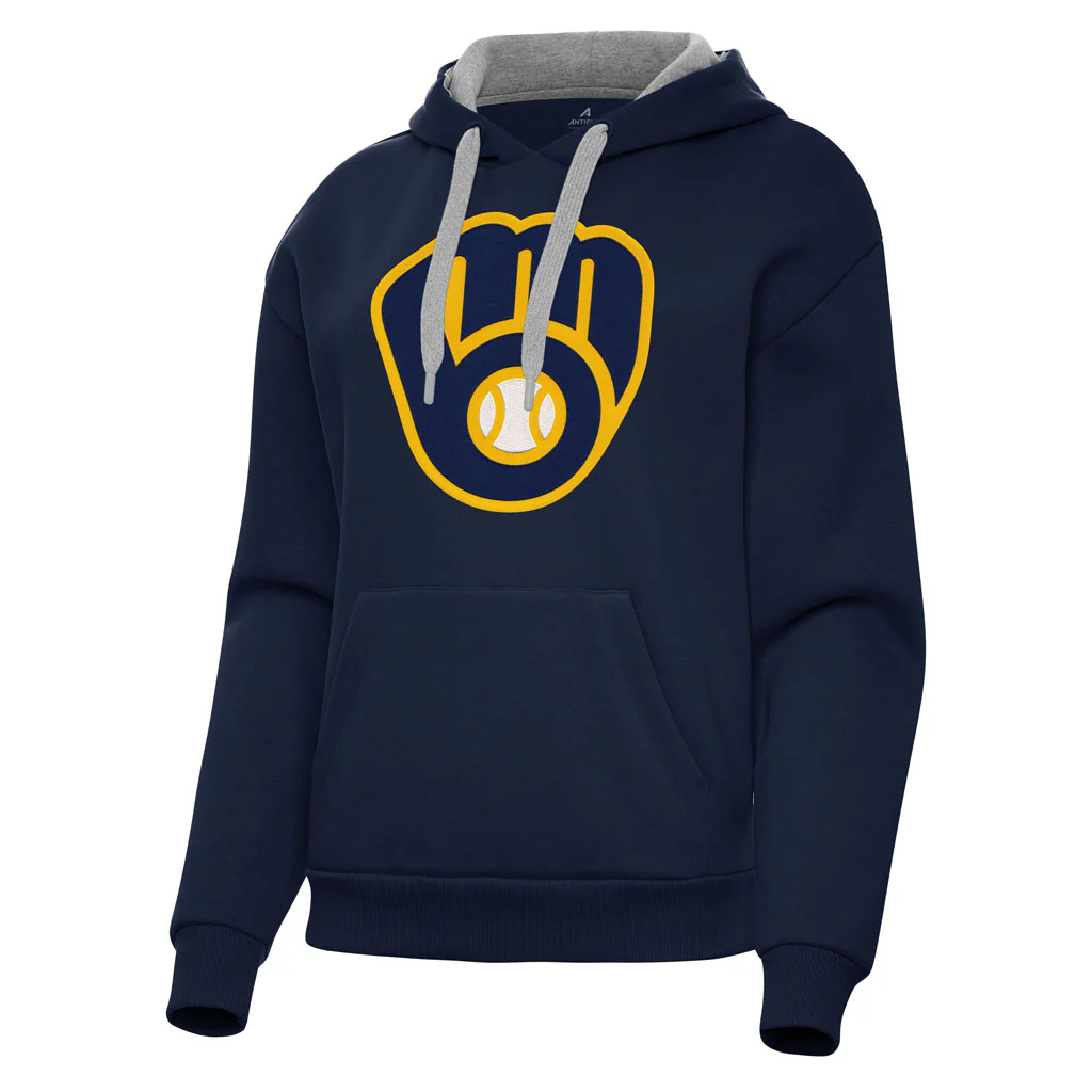 MLB Milwaukee Brewers Women's Antigua Full Front Victory Pullover Hoodie - Navy