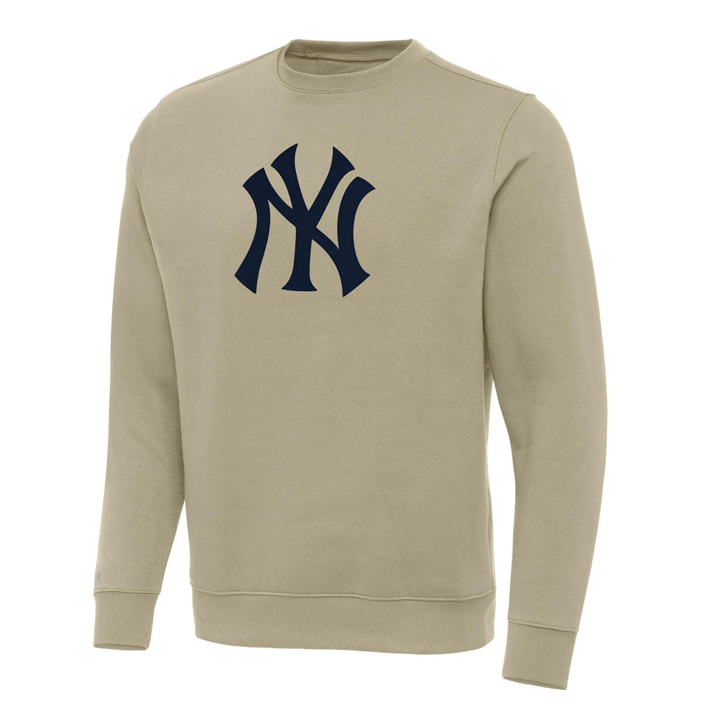 MLB New York Yankees Antigua Full Front Victory Crewneck Sweater - Khaki