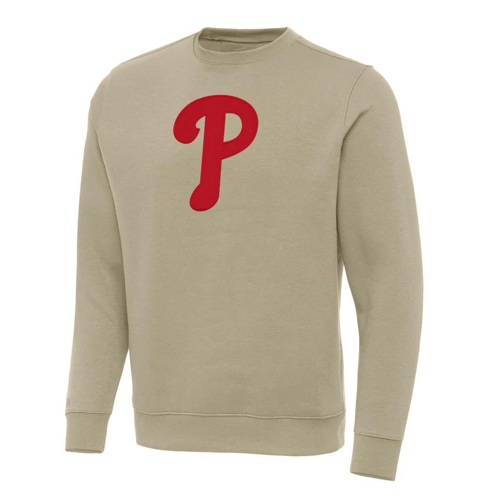 MLB Philadelphia Phillies Antigua Full Front Victory Crewneck Sweater - Khaki