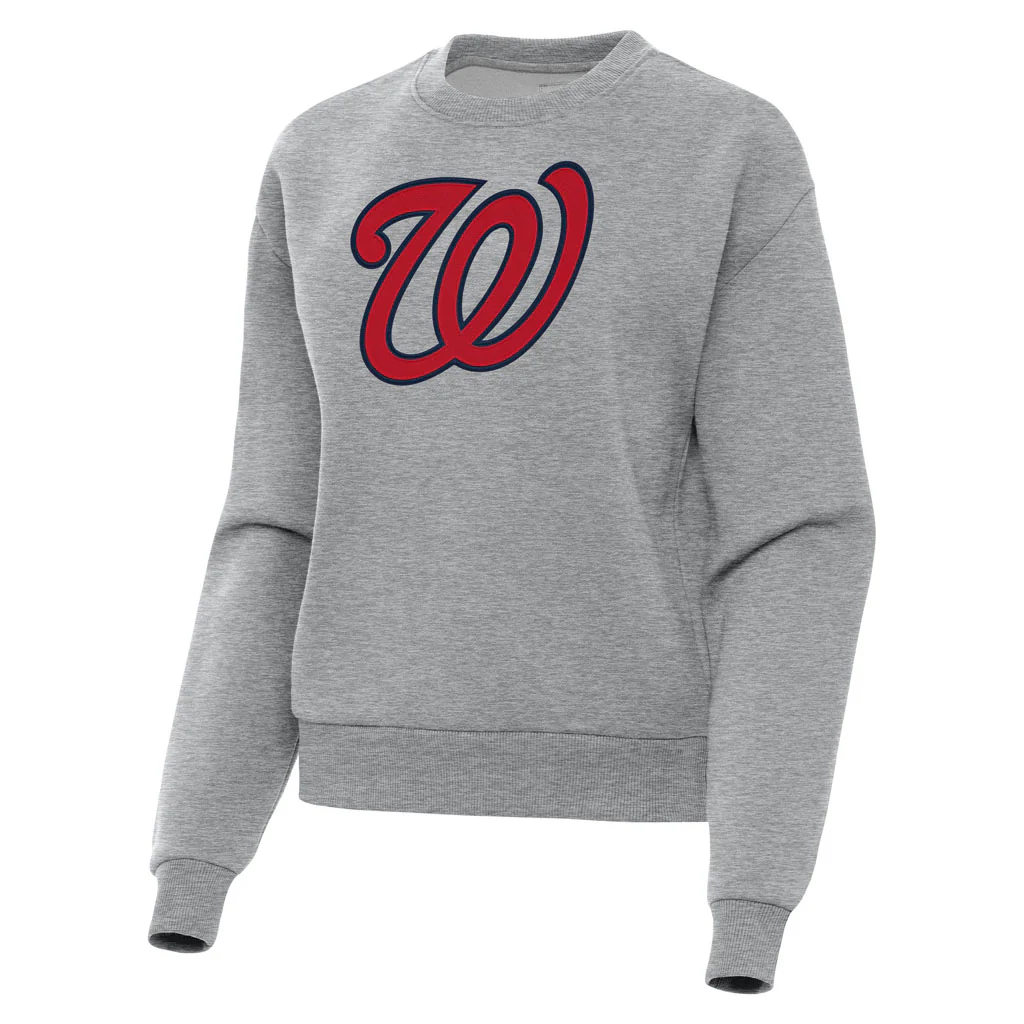 MLB Washington Nationals Women's Antigua Full Front Victory Crewneck Sweater - Heather gray