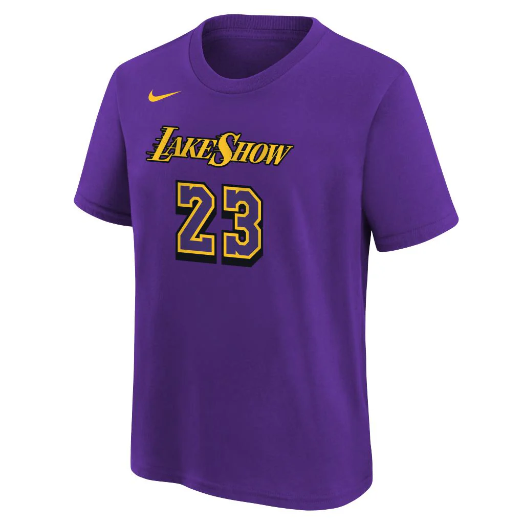 NBA Los Angeles Lakers Lebron James Youth Nike City Edition 2024/25 Name & Number T-Shirt - Purple - Image 2