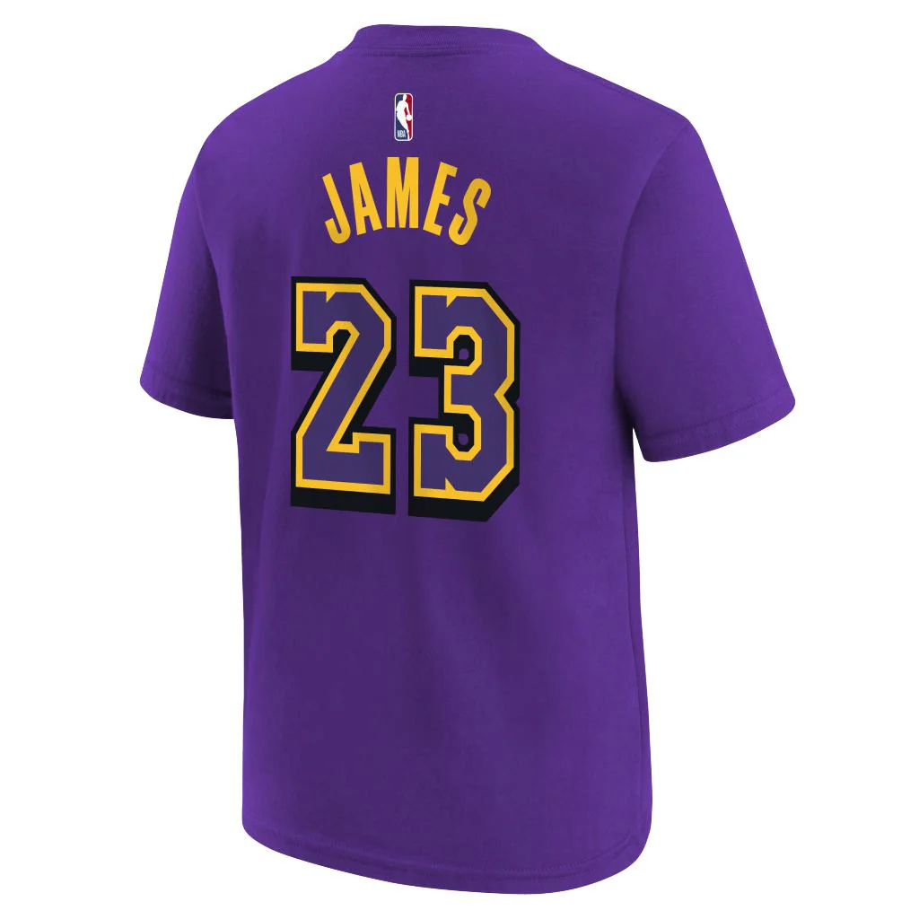 NBA Los Angeles Lakers Lebron James Youth Nike City Edition 2024/25 Name & Number T-Shirt - Purple - Image 3