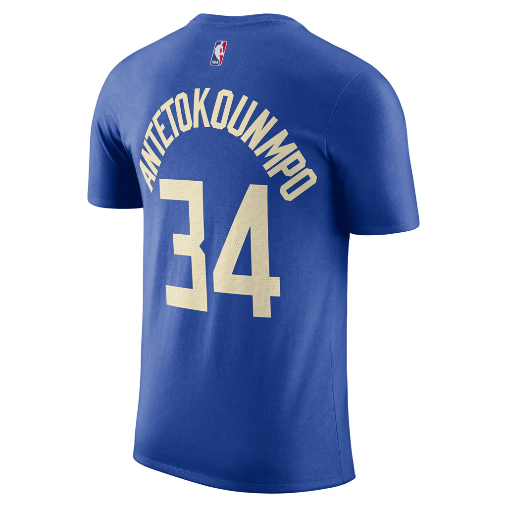 NBA Milwaukee Bucks Giannis Antetokounmpo City Edition 2025 Name & Number T-Shirt - Blue - Image 3