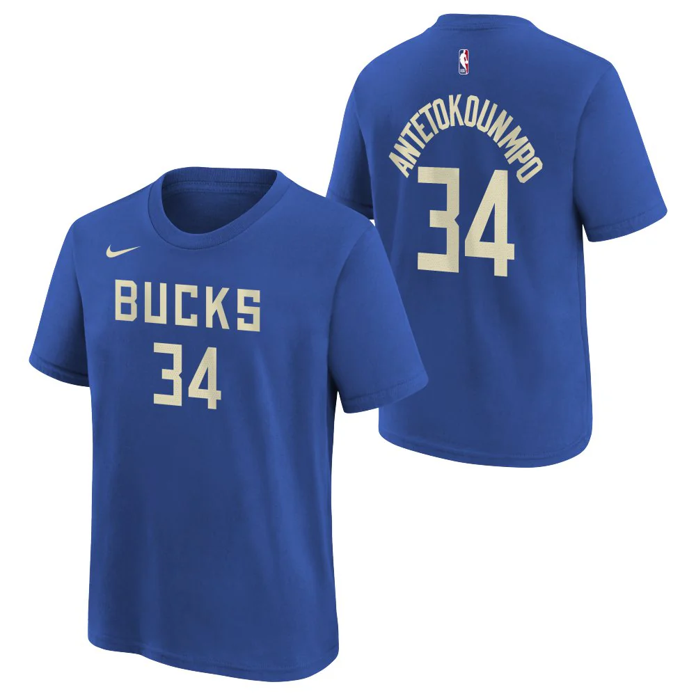 NBA Milwaukee Bucks Giannis Antetokounmpo Youth Nike City Edition 2024/25 Name & Number T-Shirt - Blue
