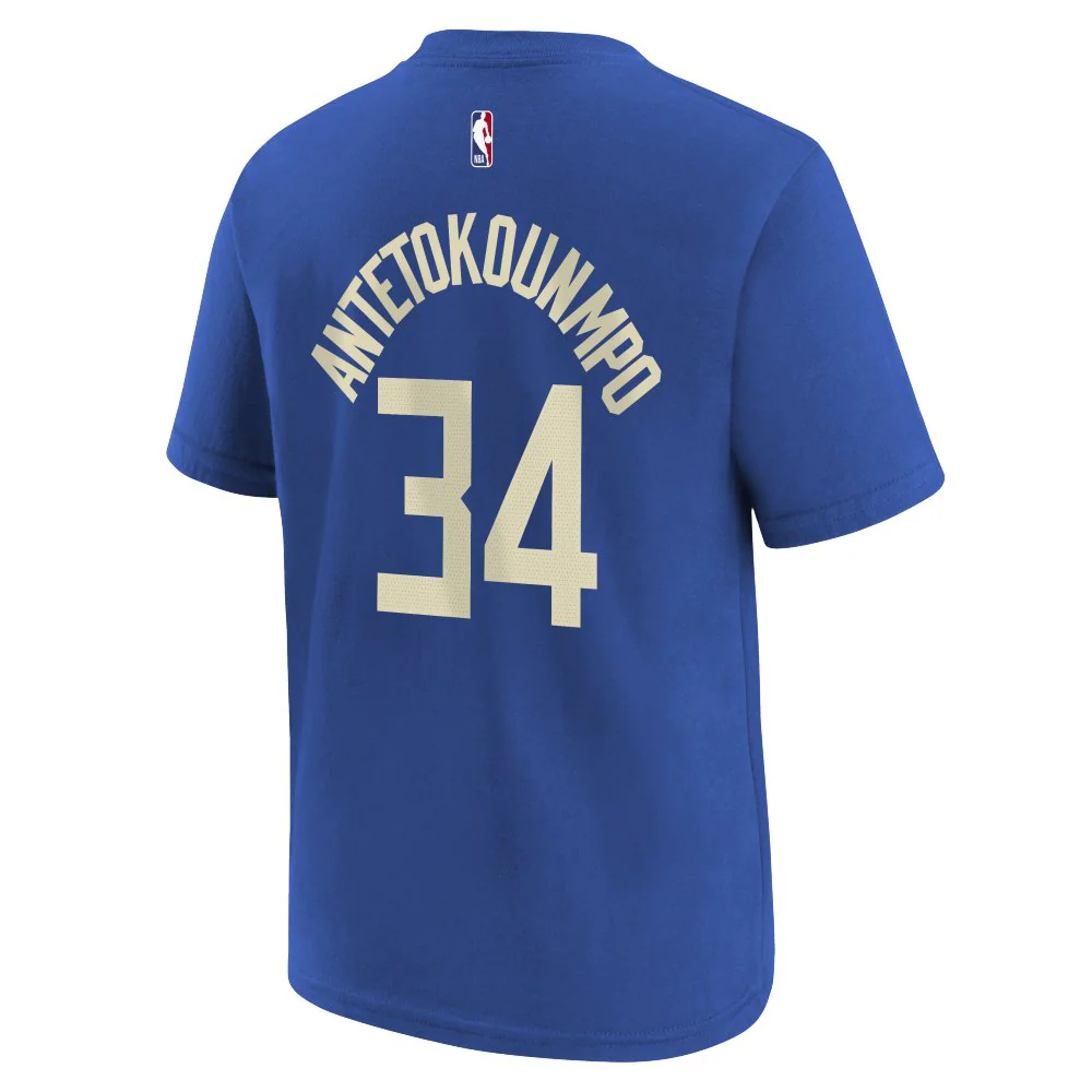 NBA Milwaukee Bucks Giannis Antetokounmpo Youth Nike City Edition 2024/25 Name & Number T-Shirt - Blue - Image 3