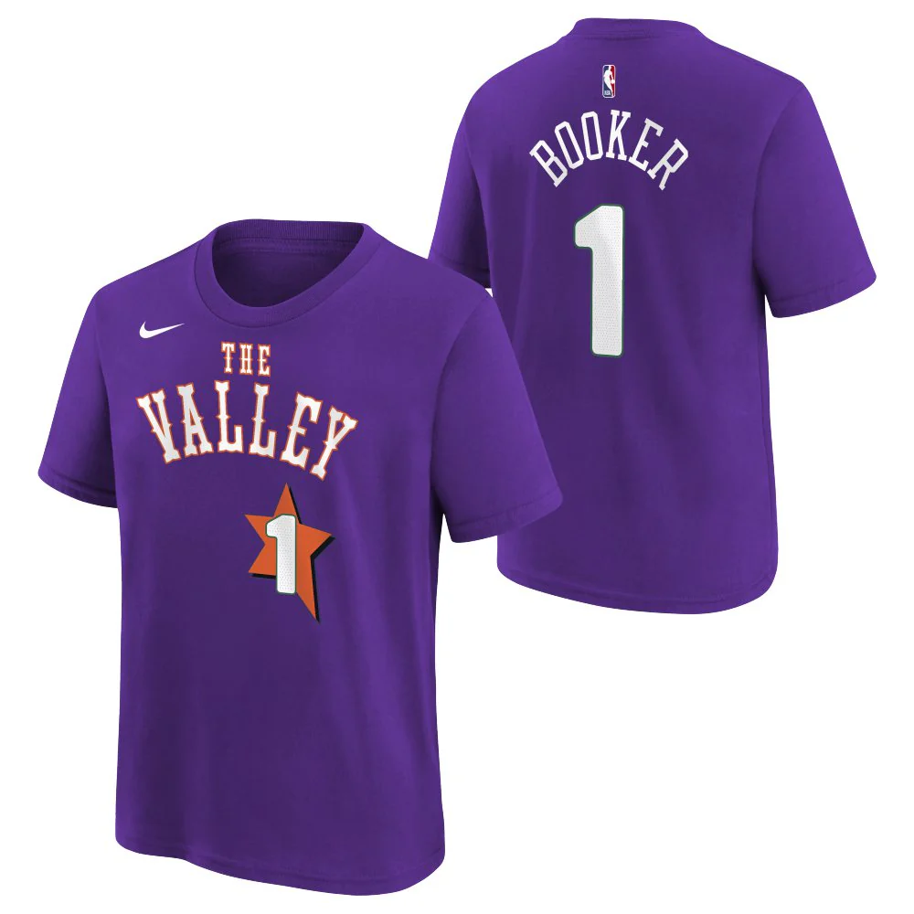 NBA Phoenix Suns Devin Booker Kids Nike City Edition 2024/25 Name & Number T-Shirt - Purple