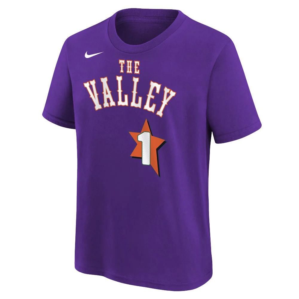 NBA Phoenix Suns Devin Booker Youth Nike City Edition 2024/25 Name & Number T-Shirt - Purple - Image 2