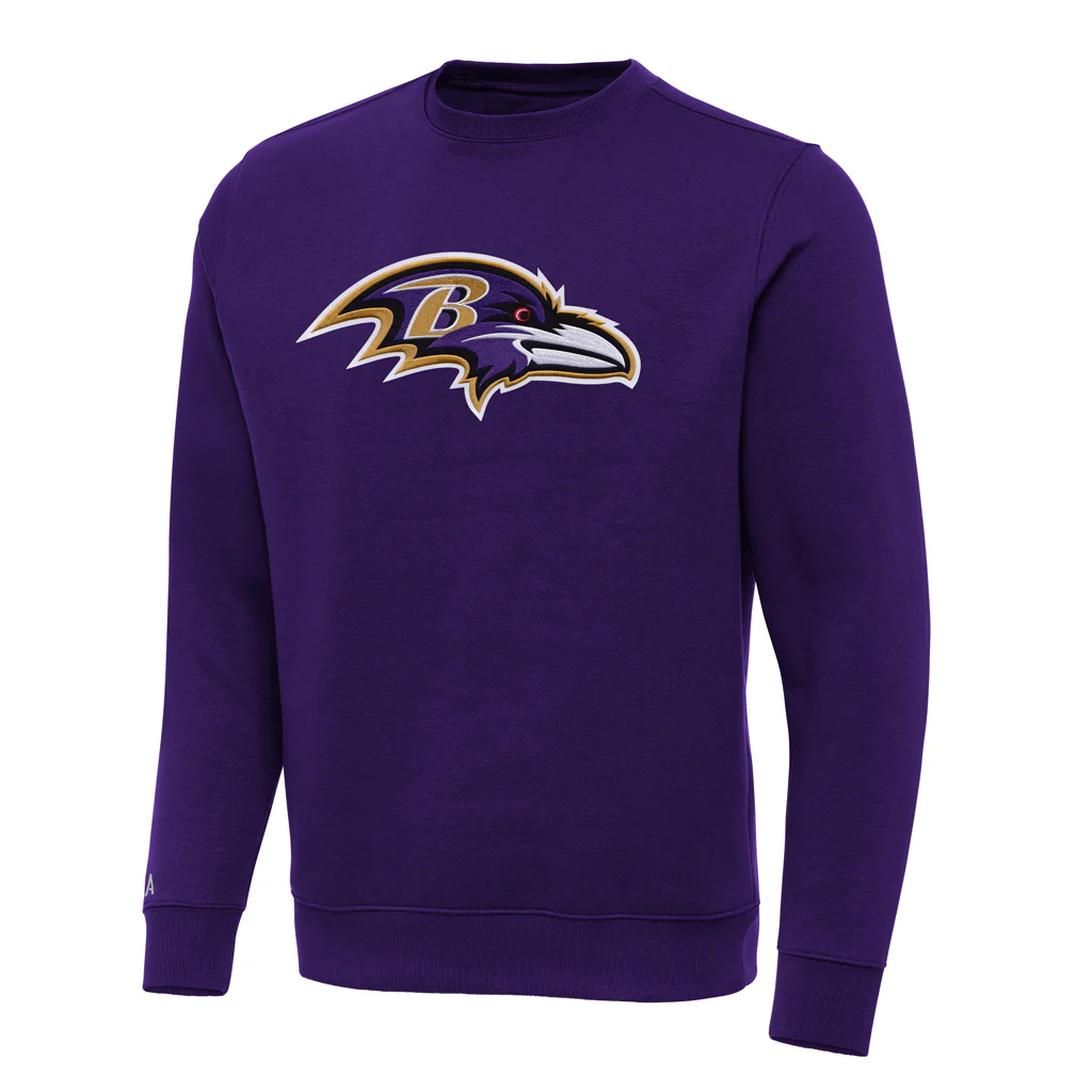 NFL Baltimore Ravens Antigua Full Front Victory Crewneck Sweater - Purple