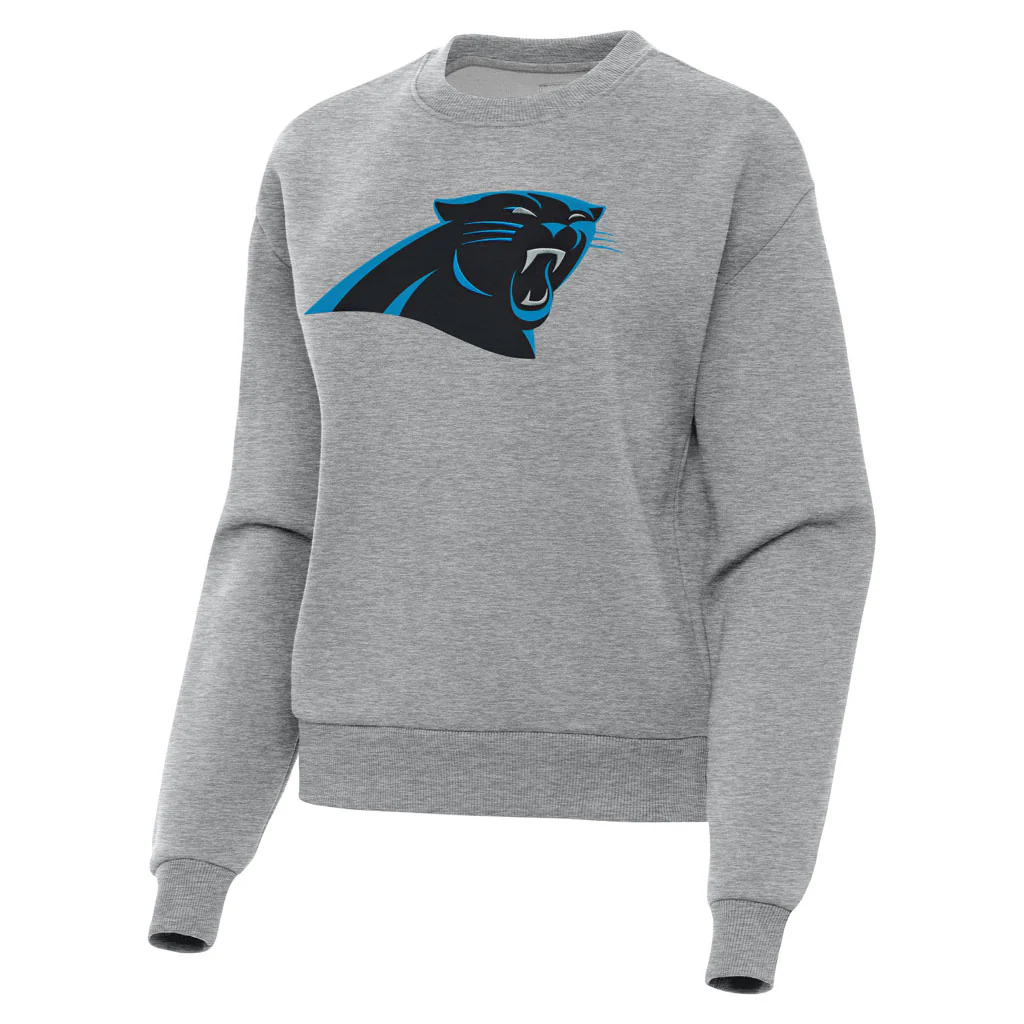NFL Carolina Panthers Women's Antigua Full Front Victory Crewneck Sweater - Heather gray