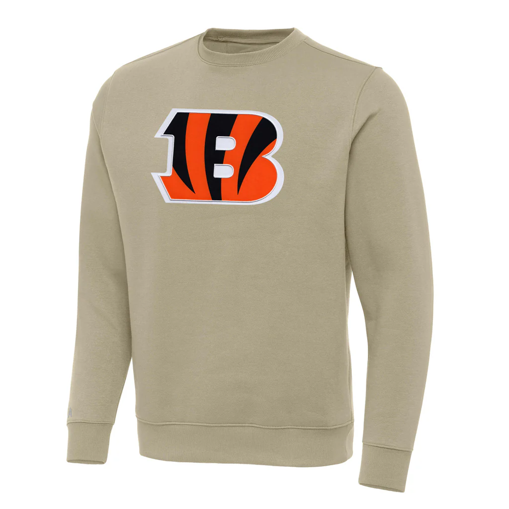 NFL Cincinnati Bengals Antigua Full Front Victory Crewneck Sweater - Khaki