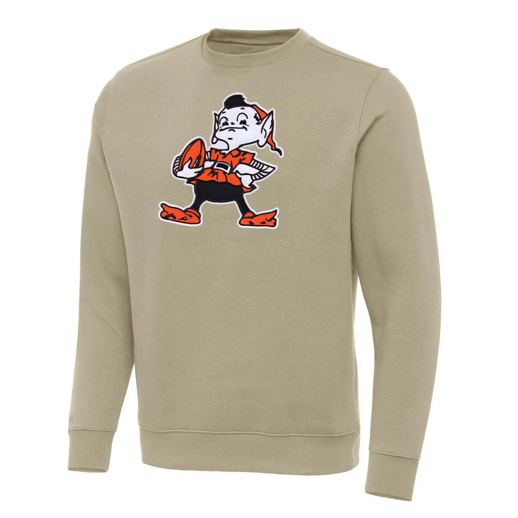 NFL Cleveland Browns Antigua Full Front Throwback Victory Crewneck Sweater - Khaki