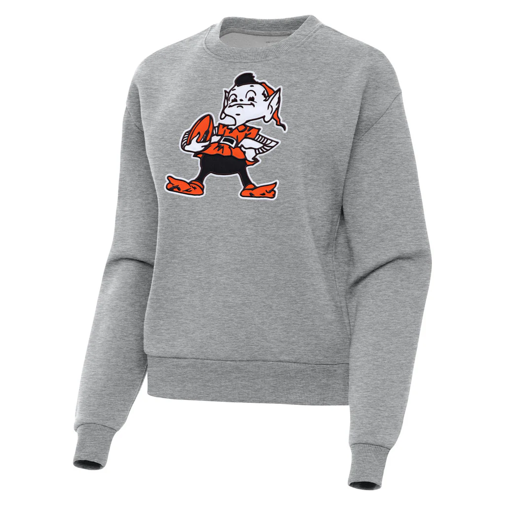 NFL Cleveland Browns Women's Antigua Full Front Throwback Victory Crewneck Sweater - Heather gray