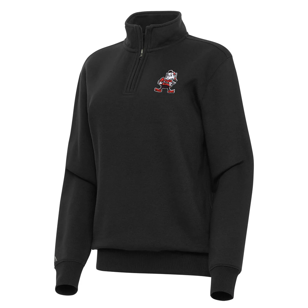 NFL Cleveland Browns Women's Antigua Throwback Victory 1/4 Zip Pullover Jacket - Black