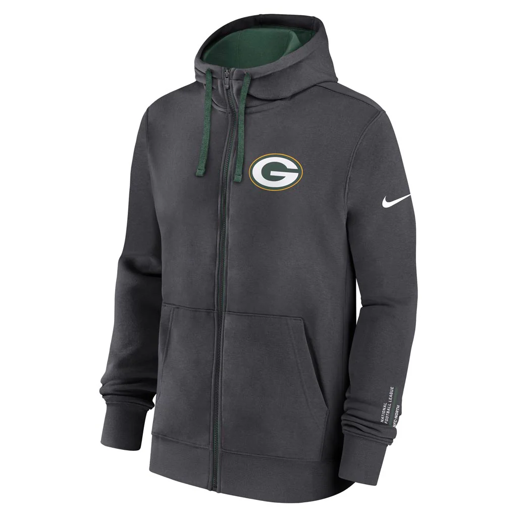 NFL Green Bay Packers Nike Club Full-Zip Hoodie - Charcoal - Image 2