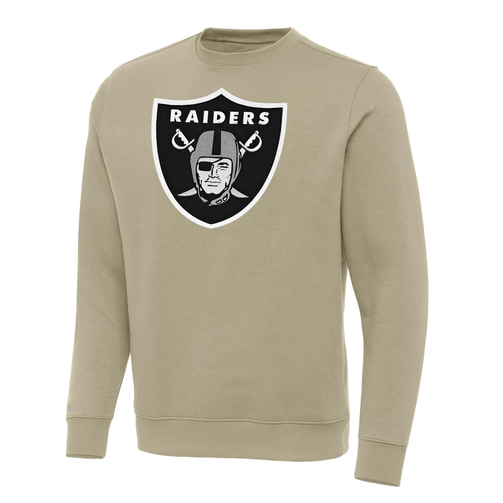 NFL Las Vegas Raiders Antigua Full Front Victory Crewneck Sweater - Khaki