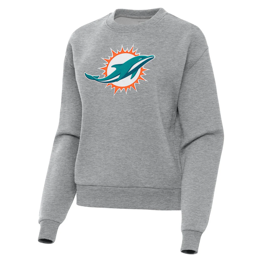 NFL Miami Dolphins Women's Antigua Full Front Victory Crewneck Sweater - Heather gray