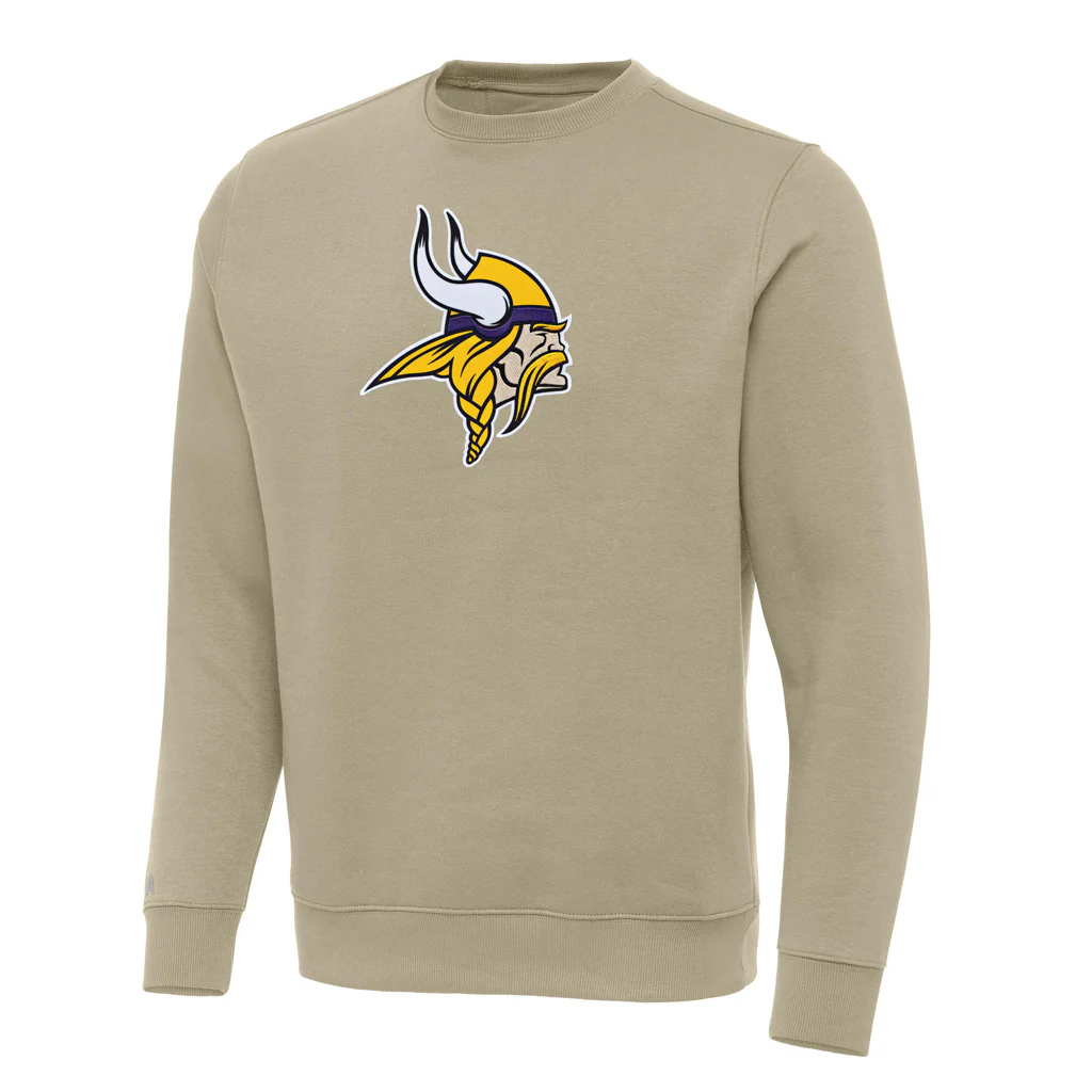 NFL Minnesota Vikings Antigua Full Front Victory Crewneck Sweater - Khaki