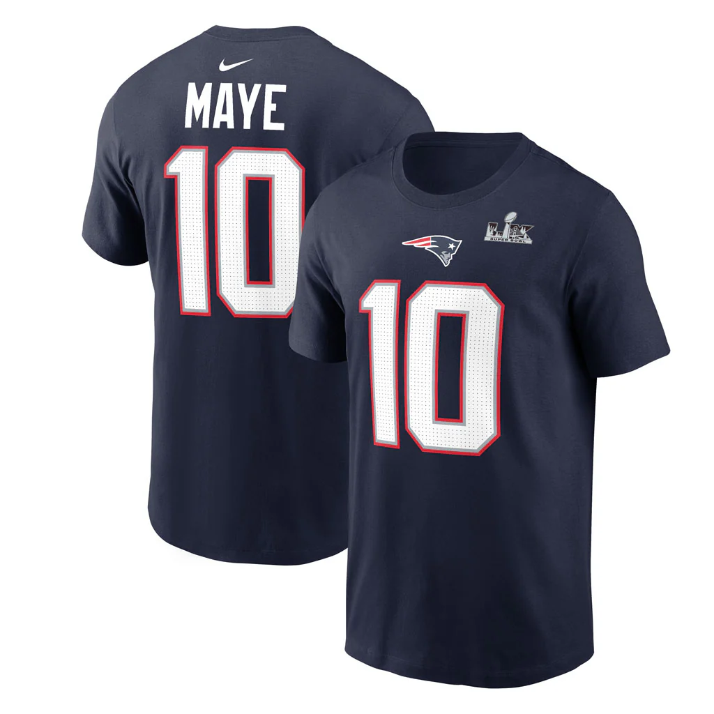 NFL New England Patriots Drake Maye Nike Super Bowl LX Name & Number T-Shirt - Navy