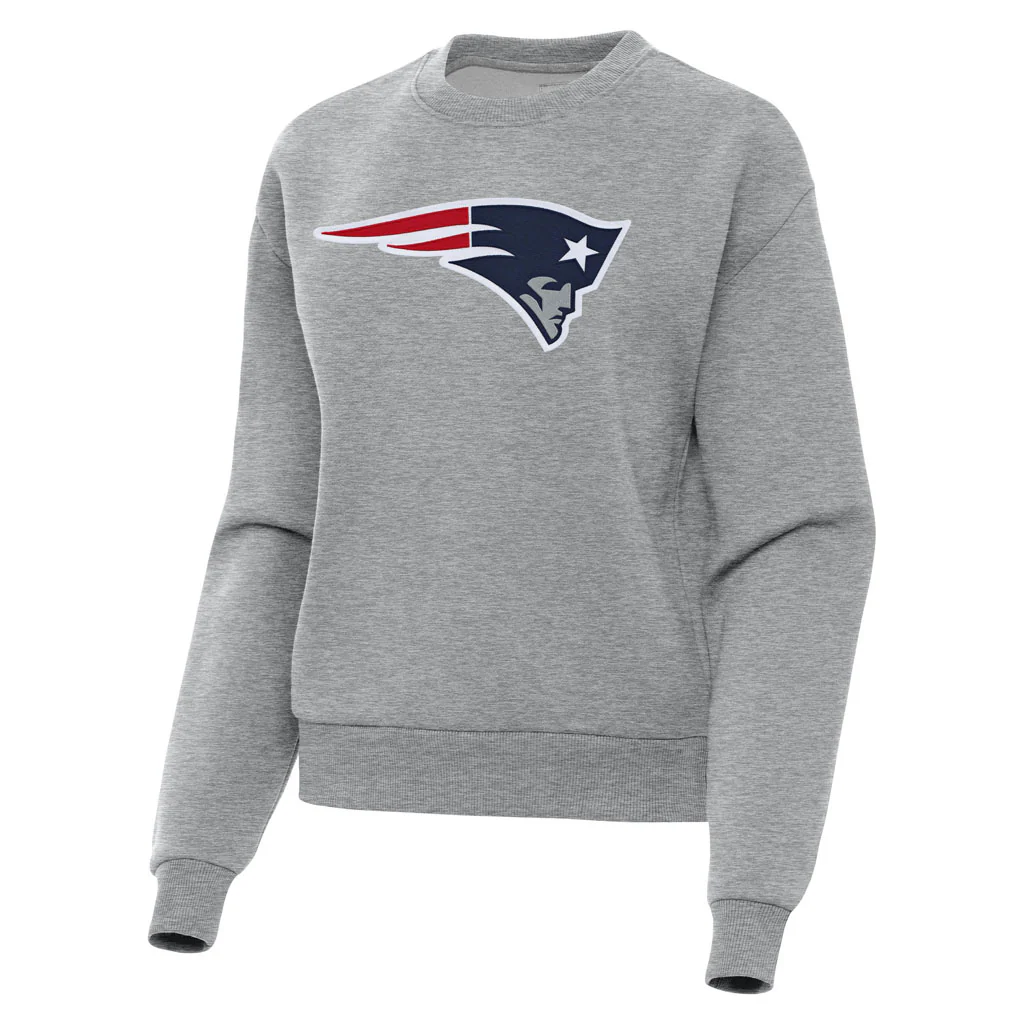 NFL New England Patriots Women's Antigua Full Front Victory Crewneck Sweater - Heather gray