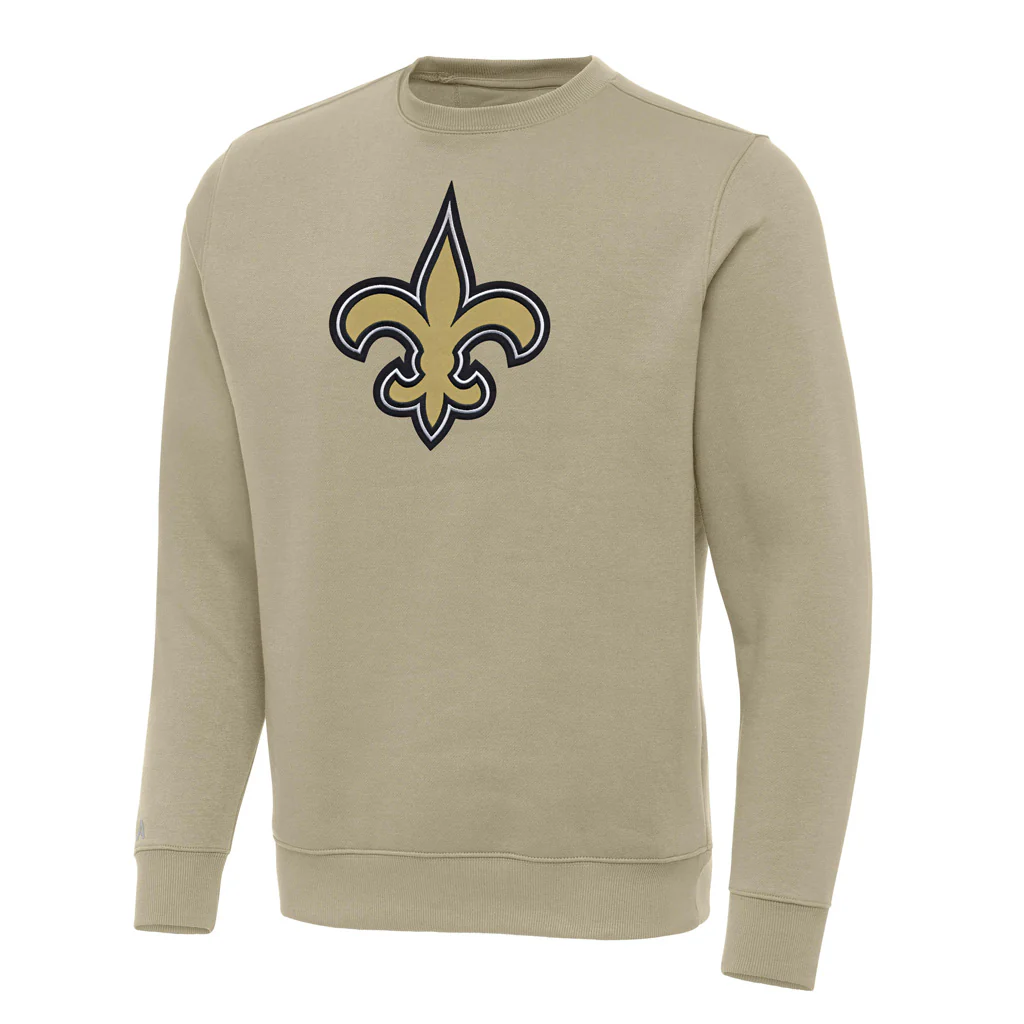 NFL New Orleans Saints Antigua Full Front Victory Crewneck Sweater - Khaki