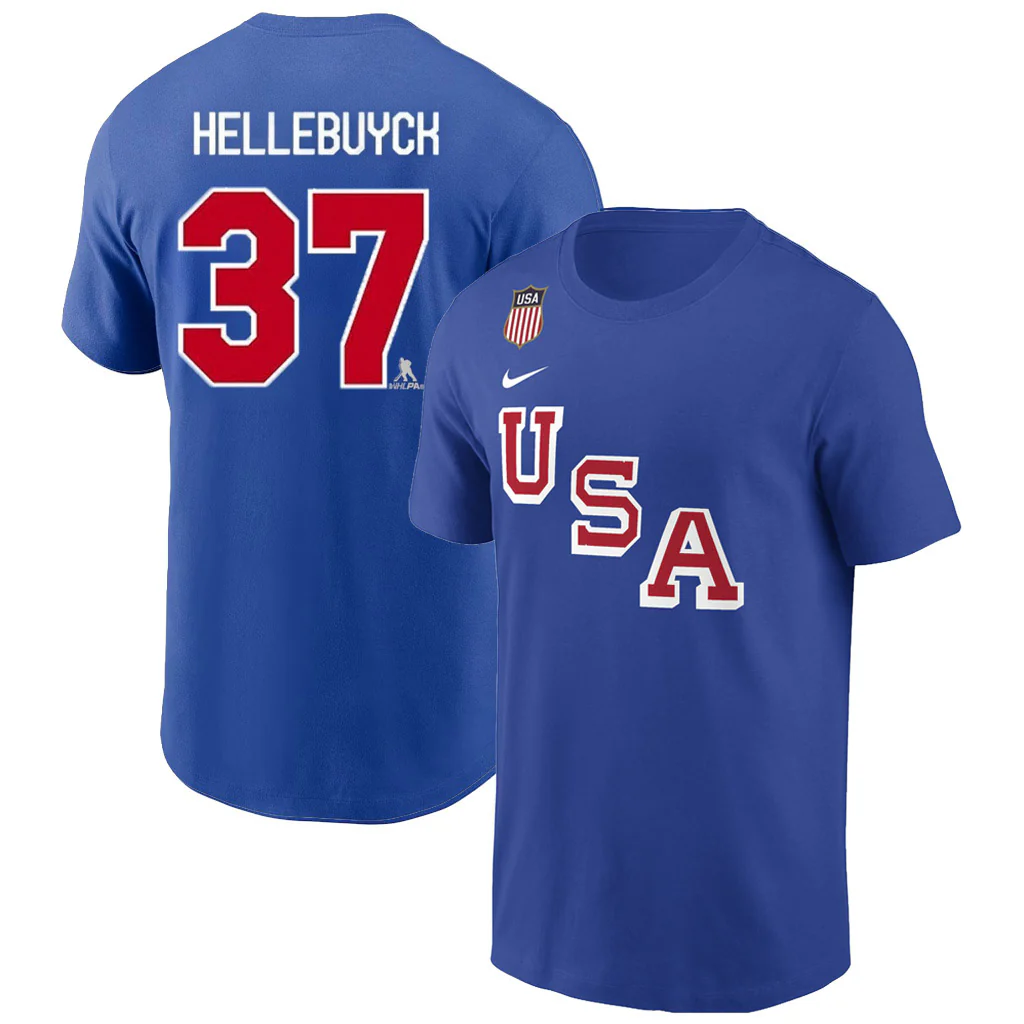 Team USA Connor Hellebuyck Nike 2026 Hockey Name & Number T-Shirt - Blue